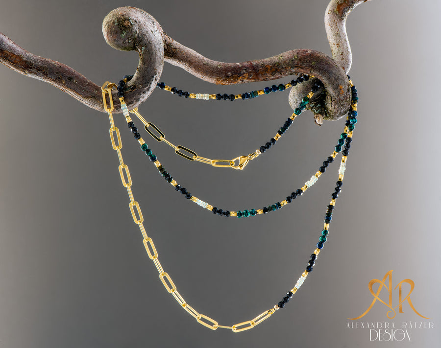 Art Deco 5 Stil Halskette & Armband, dunkelblau, schwarz und Gold. Opal, Spinell, Chrysokoll