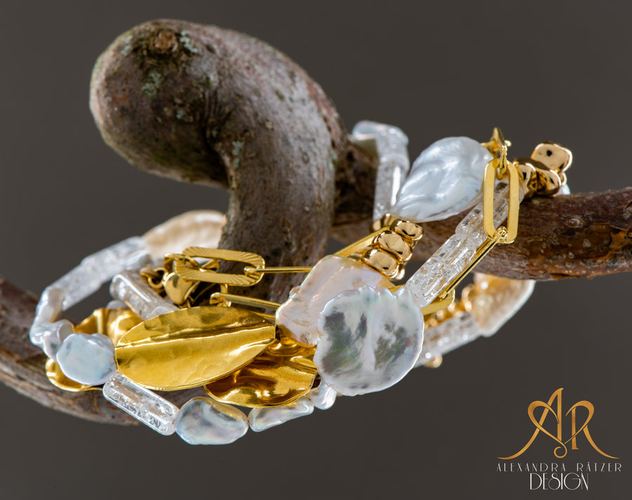 Keshi Perlen & Gold 5 Stil Kette & Armband in Einem