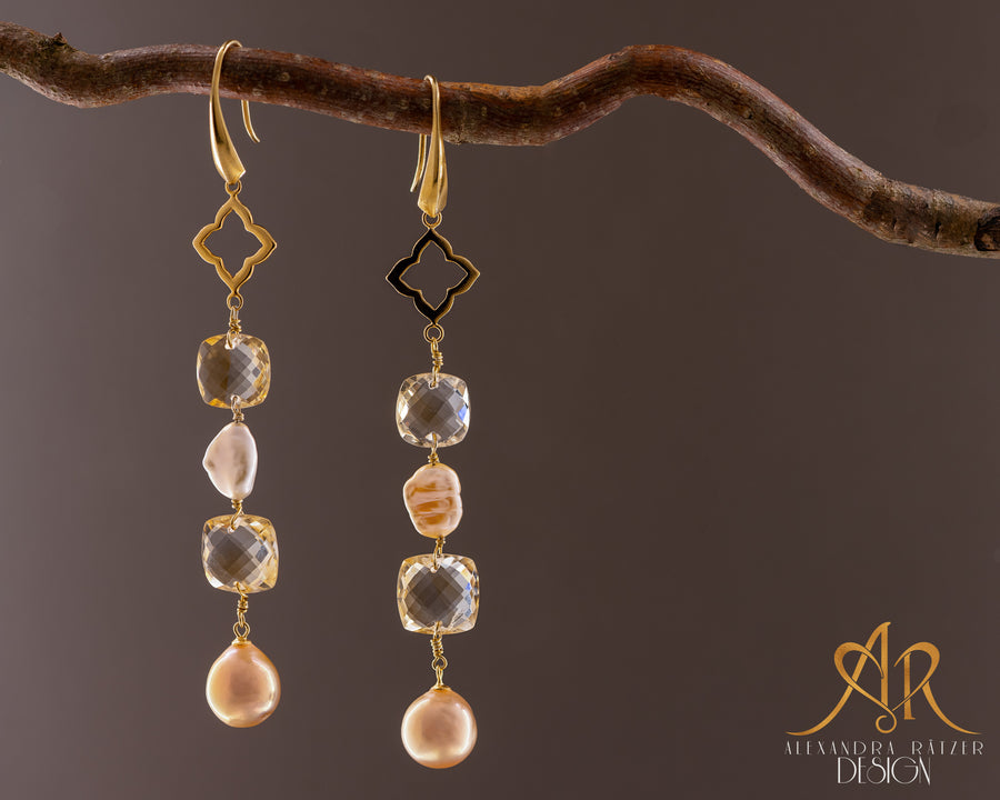 Citrin und Apricot Perlen Ohrringe mit grossem Edelsteinen