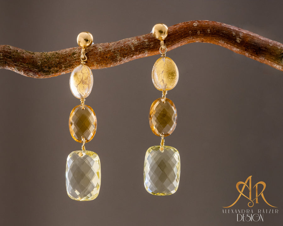 Ohrringe mit grossem Lemon Citrin, Oliv-Quarz und Perle aus Bergkristall und 24K Goldblatt
