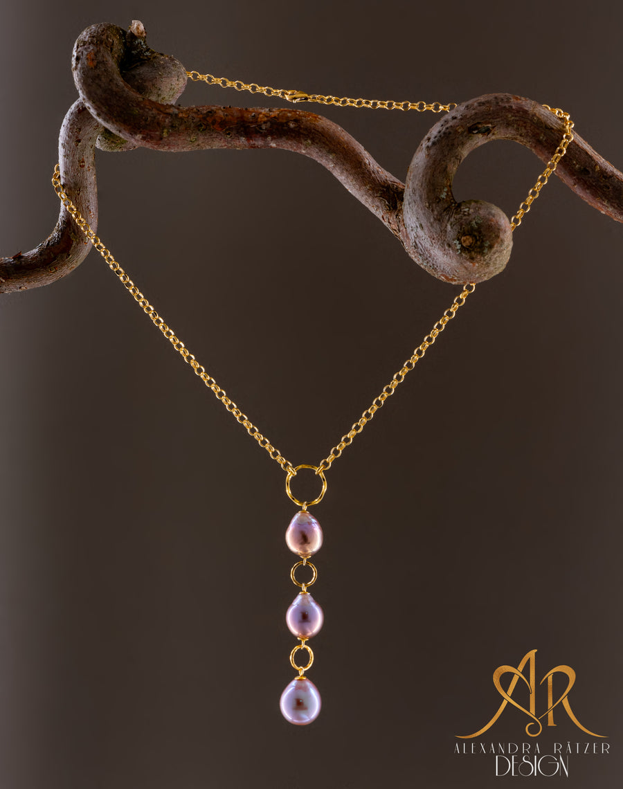 Lariat Halskette mit 3 grossen Perl Tropfen in besonders schönen Regen-Farben an facettierter Rolo kette (3)