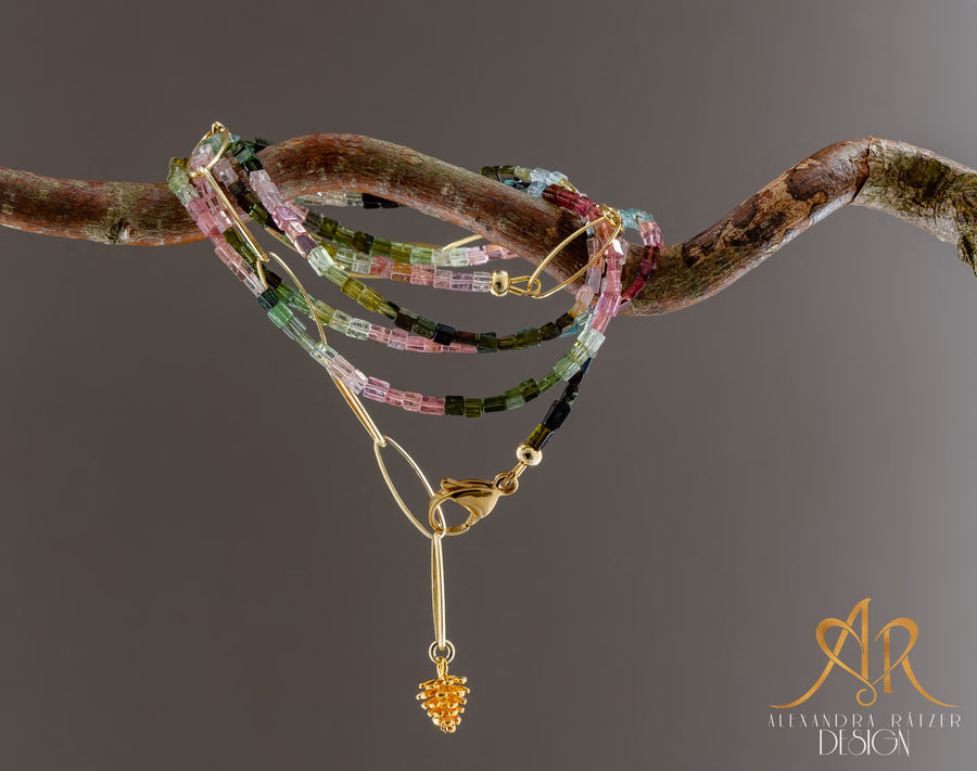 Wassermelonen Turmalin & Art Deco Goldkette 5 Stil Halskette & Armband in Einem.